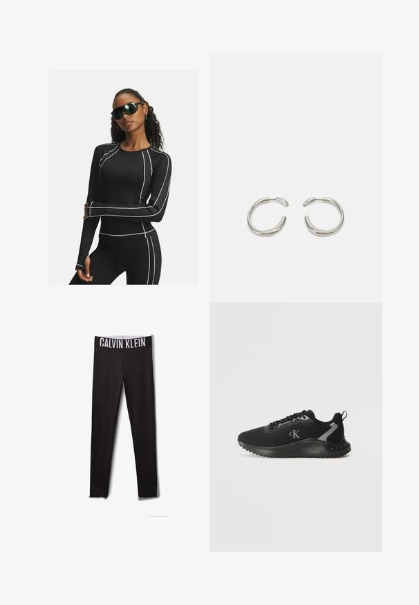 Čierny dlhý rukáv športový top s bielymi ozdobnými švami a sieťovými panelmi, skombinovaný s čiernymi legínami a futuristickými čiernymi slnečnými okuliarmi.; Čierne legíny s bielym logom "CALVIN KLEIN" na páske. Hladký materiál, priliehavý strih, s mriežkovými akcentmi na členkoch.; Čierne nízke atletické tenisky s priedušnou sieťovinou, viazaním, textúrovanou podrážkou a logom "cK" na boku.; Strieborné kruhové náušnice s hladkým, zaobleným dizajnom a elegantným, lesklým povrchom. Majú minimalistický tvar s jemným otvorom.