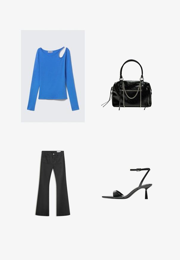 Blue long-sleeve top with a round neckline and a unique asymmetrical cut-out on the right shoulder, laid flat on a white background.; Black flared jeans made of denim with a smooth texture, featuring two back pockets and a button closure at the waist.; Bershka High heeled sandals - black; Bershka WITH CHAIN - Handbag - black