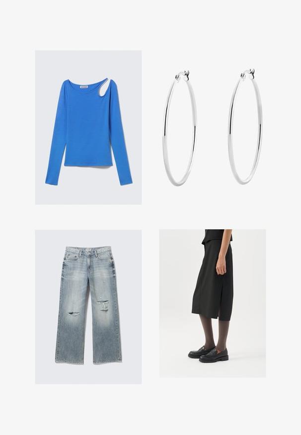 Sininen pitkähihainen paita, jossa on pyöreä kaula-aukko ja ainutlaatuinen epäsymmetrinen leikkaus oikeassa olkapäässä, asetettuna tasaisesti valkoista taustaa vasten.; Vaaleansiniset farkut, joissa on leveä lahje, kulutettu pinta, revittyjen reunojen yksityiskohtia ja haalistunut viimeistely. Edessä on taskut ja klassinen vyötärö.; Mustat polvenpituinen hame, jossa on sivuaukko, yhdistettynä mustiin loafer-kengiin ja ohuisiin ruskeisiin sukkahousuihin. Hameessa on sileä kangas ja yksinkertainen muotoilu.; Hopehope hopehope hopehope hopehope hopehope, joka on sileä ja kiillotettu pinta ja ohut, pyöreä muoto. Muotoilu sisältää turvallisen lukituksen.