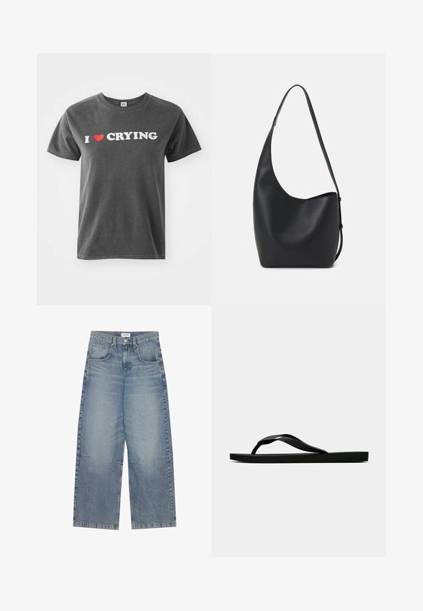 Pilkas medvilninis marškinėliai su balta ir raudona grafika, kuri skelbia "Aš ❤️ VERKIAU". Trumpomis rankovėmis ir apvaliu iškirpimu. Plaunama mašinoje.; Šviesiai mėlynos plačios kojų džinsai, pagaminti iš džinsinio audinio, su aukštu juosmeniu, penkiomis kišenėmis ir matomais siūlais, su laisvalaikio, išblukusiu apdailos stiliumi.; Juodas gumos šlepetės tipo sandalai su tekstūruota dirželiu ir paprastu plokščiu padu, rodomi iš šono ant vientiso šviesaus fono.; Juodas odinis hobo maišas su lygiu paviršiumi, kreipta forma ir viena reguliuojama rankena; turi platų atidarymą viršuje.