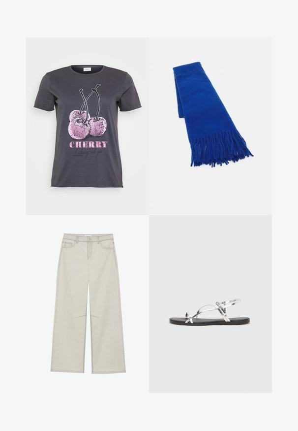 Šedé tričko s grafikou čerešne, zdobené ružovými trblietkami, s nápisom "CHERRY" v tučnom ružovom a ďalším textom v čiernej farbe.; Svetlošedé nohavice s voľným strihom, s piatimi vreckami, so zapínaním na prednom gombíku a kontrastným prešívaním pozdĺž švov. Tkanina vyzerá mäkko a odolne.; Strieborné metalické sandále s minimálnym dizajnom, s tenkými popruhmi a čiernou plochou podrážkou. Zaujímavé sú akcenty krížových popruhov.; Modrá tkaná šatka s strapcami na koncoch, hladká textúra, obdĺžnikový tvar a jednotná farba po celom povrchu. Vhodná do chladného počasia.; Strieborný prsteň s dvojitým pásikom s hladkým, lesklým povrchom. Má plynulý, zakrivený dizajn s prekryvajúcimi sa časťami pre moderný vzhľad.