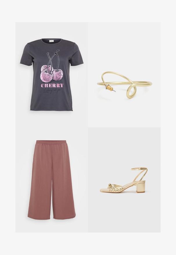 Pilkas marškinėliai su vyšnių grafika, papuošta rožiniu blizgučiu, žodis "CHERRY" paryškintu rožiniu spalva ir papildomas tekstas juoda spalva.; Platus kojos kelnės, pagamintos iš minkštos, tekstūruotos medžiagos, su elastingu diržu liemenyje. Spalva - švelni rožinė, pabrėžianti plačią dizaino išvaizdą.; Auksiniai kulniukai su sukdytu dirželio dizainu, atviru pirštu ir kulkšnies dirželiu. Su bloko aukštu kulnu ir lygiu metaliniu paviršiumi.; Auksinės spalvos metalinė apyrankė su skysčiu, kreipiančiu dizainu. Viename gale yra mažas, išsiskiriantis, sidabrinės spalvos akcentas.