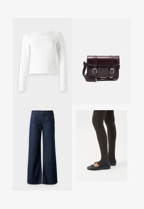 Hvit langermet tettsittende topp med firkantet halslinje og litt kortere lengde, vist mot en hvit bakgrunn.; Vide benbukser i mørkeblå denim. Har kontrastsøm, fem lommer og en knaplukning i taljen. Glat tekstur.; Sorte flate sko med en liten sløyfedetalj på tåen, kombinert med mørkebrune ribbede strømpebukser. Skoene har en glatt overflate og lav profil.; Burgunderfarget patentlær crossover-veske med rektangulær form, to stropper, sølvfarget hardware og klaffelukking.