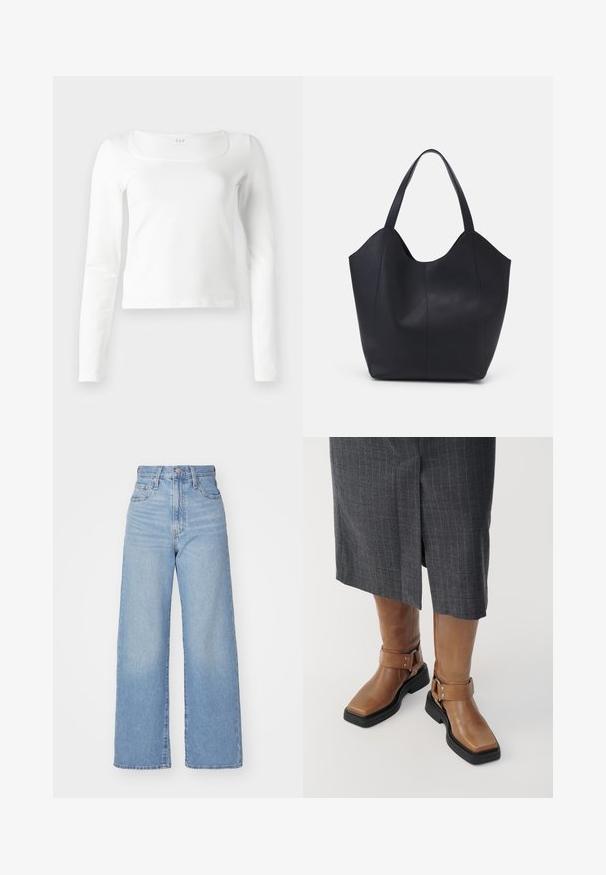Bluză albă cu mâneci lungi, ajustată, cu decolteu pătrat și lungime ușor scurtă, expusă pe un fundal alb.; Jeans cu talie înaltă, de culoare albastru deschis, cu croială largă, dotate cu nasture și fermoar la față, buzunare în față și spate, pe un fundal alb.; Botine din piele maro, până la genunchi, cu vârf pătrat, talpă din cauciuc negru și detalii cu curea reglabile. Purtați cu o fustă gri cu dungi.; Geantă de umăr neagră, realizată din piele netedă, cu un design minimalist, având un vârf deschis curbat și două mânere pentru umăr.