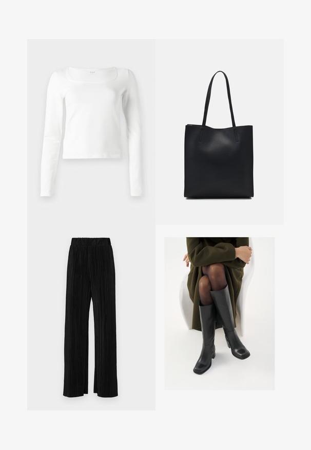 White long-sleeve fitted top with a square neckline and slightly cropped length, displayed against a white background.; Black pleated trousers with an elastic waistband. Features wide legs and a smooth, textured fabric with vertical stripes.; Knee-high black leather boots with a squared toe and block heel, shown with a model seated in an olive green coat. Smooth texture, minimal detailing.; Black leather tote bag with smooth texture, rectangular shape, and two long handles. No visible hardware or embellishments.
