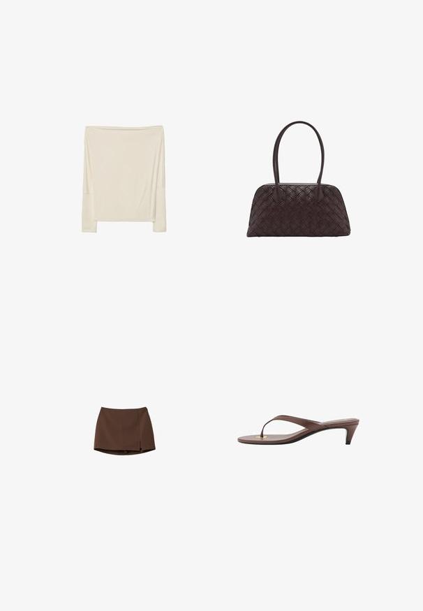 Dugi rukav off-white majica izrađena od mekane tkanine s ležernim krojem, sa otvorenim dekolteom i spuštenim ramenima.; Smeđa suknja napravljena od glatkog materijala, s ravnim krojem i bočnim prorezom. Jednostavan dizajn bez uzoraka ili metalnih detalja.; Smeđe natikače na petu s tankim remenom i zaobljenim vrhom, sa malim zlatnim akcentom na ulošku.; Tkanna smeđa kožna torba za ruke zaobljenog oblika, s dvojim gornjim ručkama i glatkom teksturom; sadrži diskretne šavove kao detalj dizajna.; Bjela biserna ogrlica raznih oblika i veličina, s srebrnim zakovicama za zatvaranje. Glatka tekstura s sjajnim završetkom.