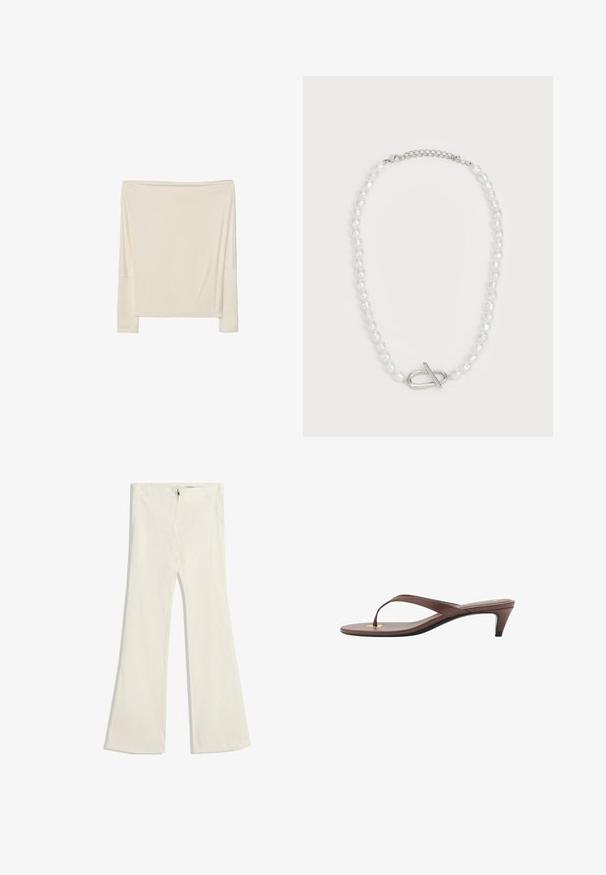 Maglietta a maniche lunghe di colore avorio, realizzata in tessuto morbido con un taglio relaxed, dotata di scollatura aperta e cuciture delle spalle abbassate.; Pantaloni svasati in un tessuto beige chiaro con una sottile trama. Presentano una chiusura con cerniera e due tasche sul davanti.; Infradito con tacco marroni, dotati di una fascia sottile e un puntale arrotondato, con un piccolo dettaglio dorato sulla soletta.; Collana di perle bianche con forme e dimensioni varie, dotata di un fermaglio a chiusura in argento. Texture liscia con finitura lucida.
