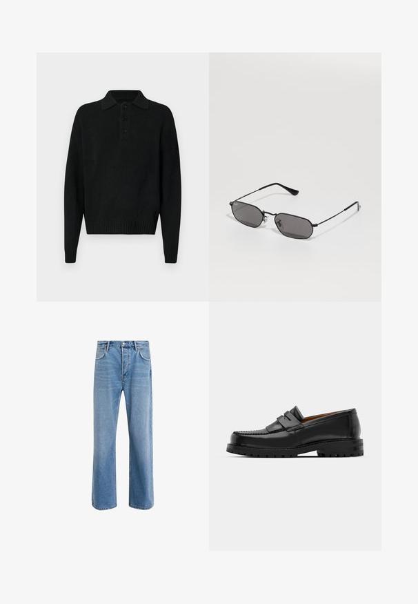 Black long-sleeve knit sweater with collar and three buttons on the chest, ribbed cuffs and hem, displayed on a white background.; Light blue denim jeans with a straight-leg design, five pockets, button closure, minimal fading, and contrasting stitching details.; Black leather loafers feature a raised seam, two decorative straps on the upper, and a thick textured sole for added grip.; Black hexagonal sunglasses with thin metal frame and dark lenses lying on a white surface.