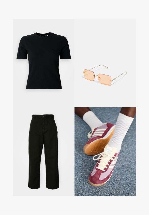 T-shirt noir à manches courtes à côtes et col rond ; arbore un logo subtil sur la poitrine ; fabriqué en tissu doux et texturé.; Pantalons larges noirs en coton durable. Dotés d'une fermeture à bouton et de poches latérales. Texture lisse et finition soignée.; Baskets avec un design en suède bordeaux et violet clair, dotées de trois rayures blanches, de lacets crème et d'une languette texturée jaune. Semelle en caoutchouc.; Lunettes de soleil à monture en métal doré avec des verres rectangulaires teintés d'orange. Branches fines distinctives et subtils accents texturés près des charnières.