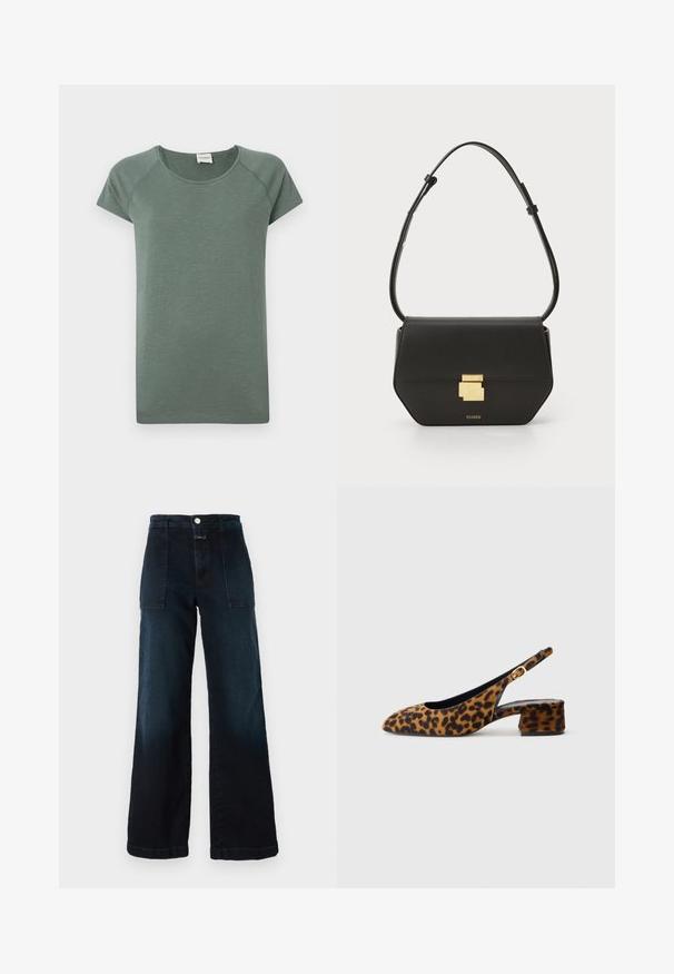 Short-sleeve, crew neck t-shirt in muted green. Made of soft, lightweight fabric with subtle texture and a relaxed fit. Simple design.; Dark blue wide-leg jeans made of denim, featuring a high waist, front pockets, and a front button closure. Smooth texture with a slight fade.; Women's leopard print slingback shoe with low block heel and gold buckle on side strap, shown in side profile on plain background.; CLOSED CLOSED ONE - Cross body bag - black