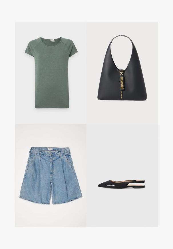 Tricou cu mâneci scurte și guler rotund, de culoare verde închis. Fabricat dintr-un material moale și ușor, cu o textură subtilă și o croială lejeră. Design simplu.; Șorturi din denim de culoare albastru deschis, cu un croi lejer, având talie înaltă, buzunare laterale și închidere cu nasture. Textură decolorată pe întreaga suprafață.; Pantofi plate negri, cu spate deschis, cu vârfuri ascuțite, confecționați dintr-un material neted. Prezintă un branding alb "LOVE MOSCHINO" și un design minimal.; Geantă de umăr din piele neagră, cu o curea lată, accesorii aurii și două etichete suspendate cu inscripția "LOVE MOSCHINO" în litere aurii.