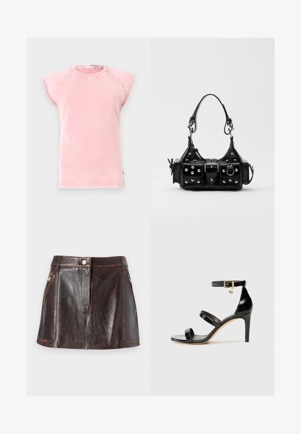 Roosa ilma varrukateta T-särk pehmest kangast, ümmarguse kaelusega ja toore äärtega varrukavahesid, millel on kontrastsed õmblused.; Must värvi nahast särk nupuga esitasku, terava krae ja kahe rinna taskuga. Omab laia lõiget ja sujuvat tekstuuri.; Pruun nahast miniseelik, millel on stiilne disain, kaks lukuga küljetaskut ja kontrastsed õmblused servade äärtes.; Must musta nahk sandaal kolme rihmaga, pahkluu vööga ja 4-tollise stilettakontsaga. Omab kuldset detaili ja logovõtit.; Must värvi nahast käekott, millel on kaarjas disain, hõbedased nupukesed, kinnitusahe ja kaks külgtaskut. Reguleeritav rihm erinevate kandmisvõimaluste jaoks.