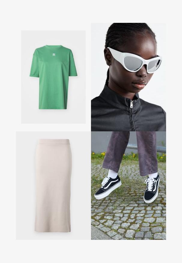 adidas Originals - T-shirt basic; Sukienka ołówkowa z dzianiny w jasnym beżowym kolorze, z prążkowanym pasem, dopasowanym krojem i bocznym rozcięciem dla ułatwienia ruchów. Miękka tekstura, minimalistyczny design.; Czarne zamszowe trampki z białymi akcentami, z zaokrąglonym noskiem, grubą białą podeszwą i klasycznym sznurowaniem, noszone z białymi skarpetami i fioletowymi spodniami.; Białe okulary przeciwsłoneczne o wyrazistym, przerośniętym designie i lustrzanych soczewkach, charakteryzujące się gładkimi plastikowymi oprawkami i akcentowanymi krzywiznami.