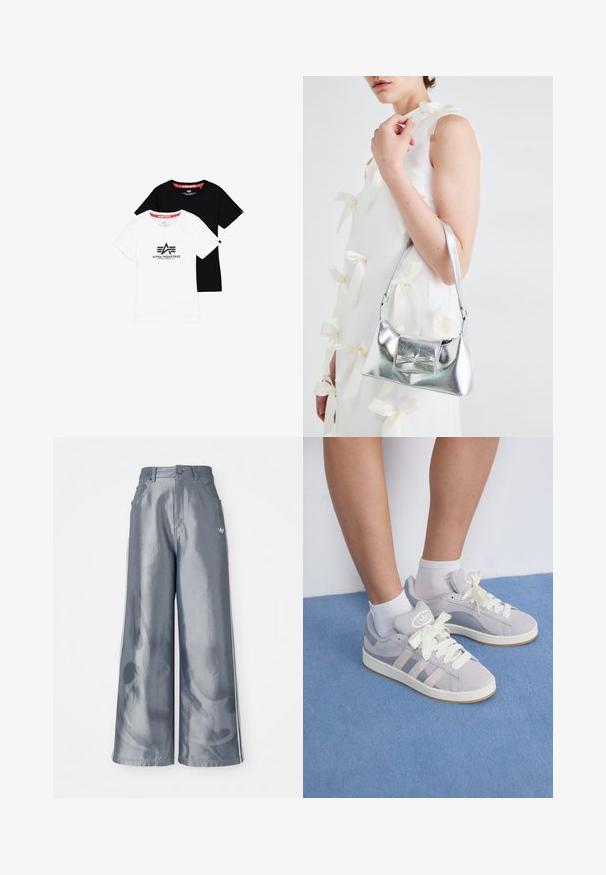 Du šviesūs apvalios iškirptės marškiniai – vieni balti su juodu logotipu, kiti visiškai juodi – pagaminti iš medvilnės, su trumpomis rankovėmis ir tiesiais apvadais.; Plačios kelnės iš blizgaus pilko medžiagos, su baltomis šoninėmis juostelėmis ir liepsnos raštu apatinėje dalyje. Mygtuko ir užtrauktuko uždarymas juosmens srityje.; Pilki zomšiniai sportbačiai su baltais raišteliais ir guminiais padais, puikuojantys trimis įstrižainėmis juostelėmis šone ir logotipo etikete ant liežuvio.; Sidabrinė metalinė rankinė su struktūrizuota forma, turinti viršutinę rankeną ir kaspiną priekyje. Lygi tekstūra, atspindinti apdaila.; Sidabrinis dvigubas žiedas su lygiu, poliruotu paviršiumi. Pasižymi sklandžiu, kreiptu dizainu su persipinančiomis dalimis, suteikiančiomis modernų išvaizdą.