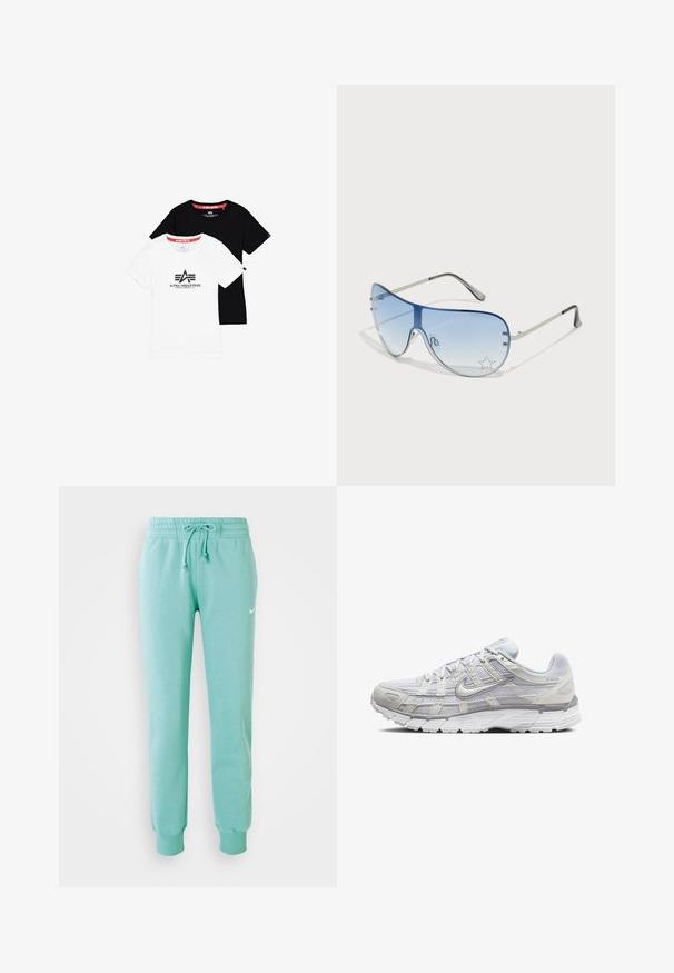 Dois t-shirts básicos com decote redondo, um branco com logotipo preto e um preto sólido, feitos de algodão, com mangas curtas e bainhas retas.; Calças de moletão verde menta com uma cintura elástica, cordão e punhos canelados. Apresenta um pequeno logotipo branco da Nike na coxa esquerda.; Sapatos atléticos cinza claro com parte superior em malha e sintético, apresentando um fecho de cordões, colarinho acolchoado e sola texturizada para aderência.; Óculos de sol aviador com lentes azuis em degradê, armação metálica prateada e detalhes decorativos de estrelas nas lentes. Design suave e elegante.