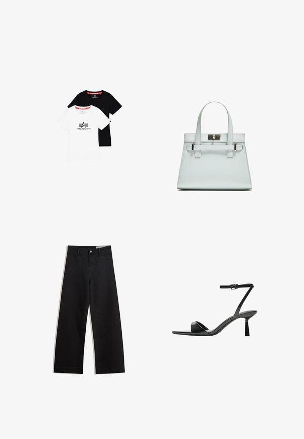 Twee eenvoudige crew neck t-shirts, één wit met zwart logo en één geheel zwart, gemaakt van katoen met korte mouwen en rechte zomen.; Zwarte denim broek met wijde pijpen en een hoge taille, voorzien van voor- en achterzakken, gestikte naden en een knoopsluiting. Gladde textuur.; Bershka Sandalen met hoge hak - black; Lichtblauwe handtas met gestructureerd ontwerp, twee handvatten en een zilverkleurige slot. Getextureerd materiaal en scherpe hoeken.