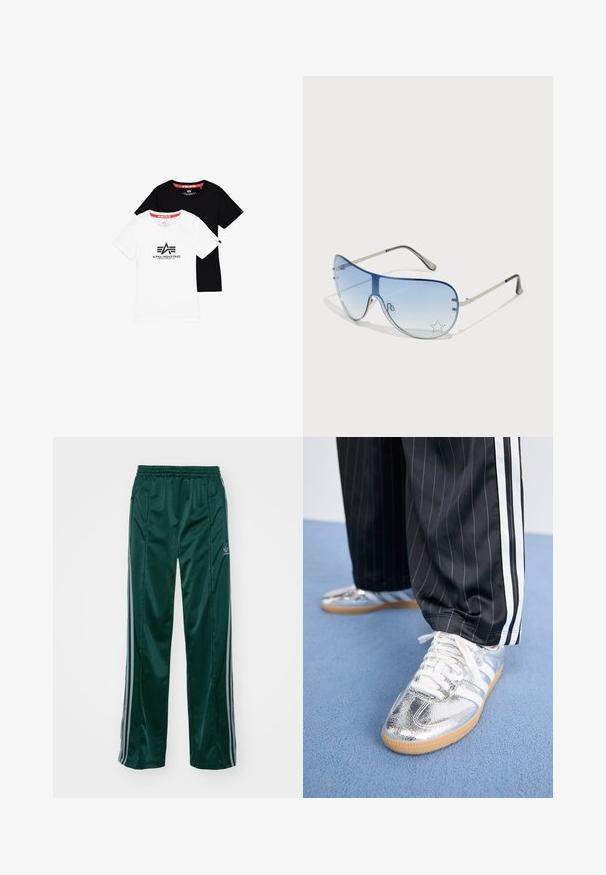 Twee eenvoudige crew neck t-shirts, één wit met zwart logo en één geheel zwart, gemaakt van katoen met korte mouwen en rechte zomen.; Donkergroene sportbroeken van glanzend materiaal, met zijstrepens in lichtgrijs en een geborduurd logo op het linkerbeen.; Metalen zilveren sneakers met witte veters en drie witte strepen, gecombineerd met zwarte streepd pants. Gumaansluiting accent aan de onderkant.; Aviator zonnebril met een gradient blauwe lens, zilveren metalen frame en decoratieve sterrenaccenten op de lens. Glad en strak ontwerp.