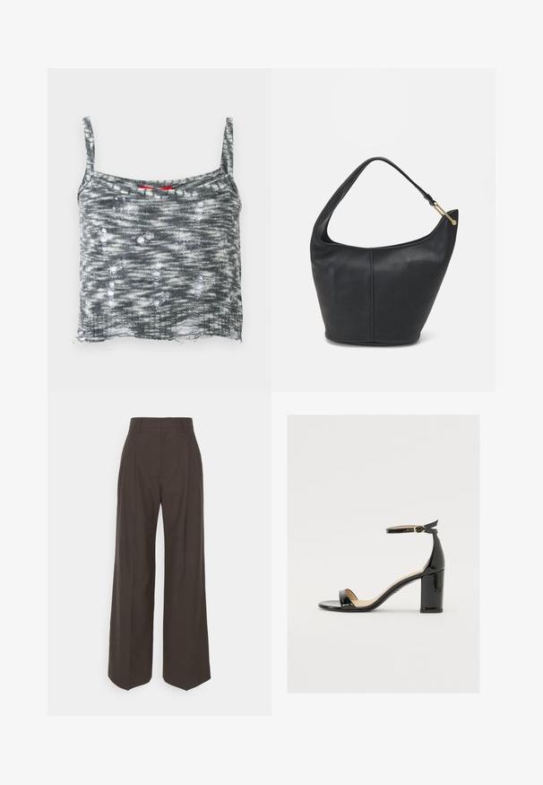 Gray knitted cropped tank top with thin straps, featuring a distressed design with multiple holes and a loose hem. Red accent at the neckline.; Dark brown wide-leg trousers with a high waist, featuring neatly pressed creases, smooth texture, and a tailored fit.; Black patent leather sandal with a wide heel, open toe, and ankle strap featuring a gold buckle. Smooth texture and sleek design.; Black leather handbag with a rounded shape, a wide strap, and a textured finish. Features a subtle seam detail and a gold-tone hardware accent.