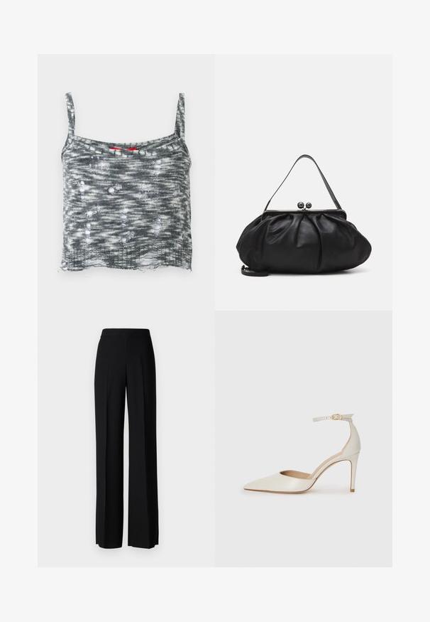 Sivý pletený skrátený top s tenkými ramienkami, s poškodeným dizajnom s viacerými dierami a voľným lemom. Červený akcent v oblasti výstrihu.; Čierne široké nohavice s hladkým povrchom, s vysokým pásom a stredovými skladmi. Žiadne viditeľné vzory ani hardvérové detaily.; Biele kožené topánky na vysokom podpätku s špicatou špičkou, remienkom okolo členka a štíhlym stiletto podpätkom. Hladký povrch s jemným lesklým povrchom.; Čierna kožená kabelka s zaobleným, nariadeným dizajnom. Disponuje kovovým zapínaním s dvoma dekoračnými guľôčkami a tenkým, odnímateľným popruhom.