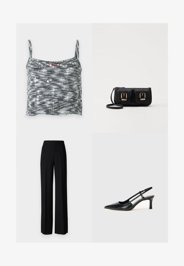 Top corto de punto gris con tirantes finos, que presenta un diseño desgastado con múltiples agujeros y un dobladillo suelto. Acento rojo en el escote.; Pantalones de pierna ancha negros con una textura suave, que presentan una cintura alta y pliegues centrales. Sin patrones visibles ni detalles de hardware.; Tacón slingback negro de charol con punta afilada, que presenta un estampado de serpiente texturizado, correa ajustable y un tacón bloque corto y texturizado.; Bolso cruzado de cuero negro con dos bolsillos frontales, hebillas doradas, cierre de cremallera y una correa delgada. Superficie texturizada y forma rectangular compacta.