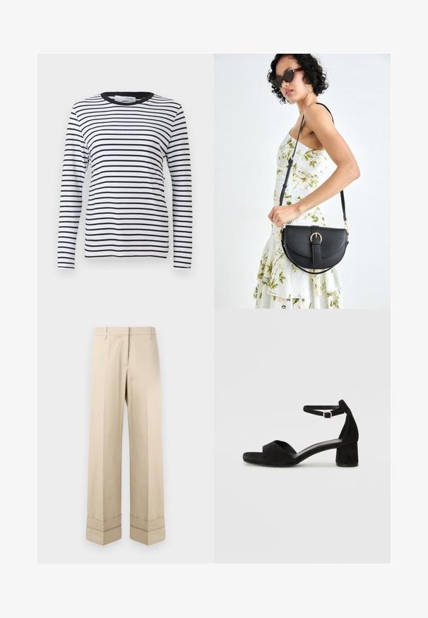 Long-sleeve shirt with black and white horizontal stripes, rounded neckline, made of soft fabric, featuring a clean design without patterns.; Beige trousers with a straight fit, featuring a double cuff at the hem and a flat front design. Made of smooth, durable fabric.; Black suede heeled sandals with a thin ankle strap, open toe design, and a modest block heel. Smooth texture and minimal accents.; Black leather handbag with a curved shape, detachable strap, and gold hardware. The bag features a flap with a buckle detail.