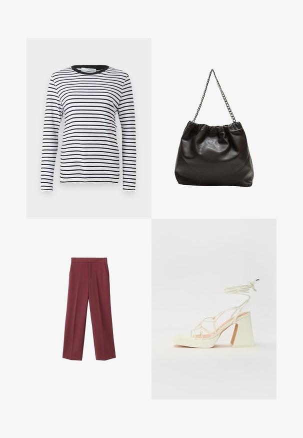 Pitkähihaista paitaa, jossa on mustavalkoisia vaakaraidoituksia, pyöreä pääntie, valmistettu pehmeästä kankaasta, ja siinä on siisti muotoilu ilman kuvioita.; Bordeaux leveled trousers with a smooth texture, featuring side pockets and a high waist design. Tailored with a clean front crease.; Valkoinen korkokenkä, jossa on paksu korko, ja joka sisältää nauhakiinnityksen ja nilkkaketjun. Sujuva pinta, jossa on platform-etupohja lisäkorkeutta varten.; Ruskea nahkainen laukku, jossa on kerätty yläosa ja ketjuhihna. Tasainen pinta, jossa kiiltävä viimeistely ja hienovaraiset sauman yksityiskohdat sivuilla.