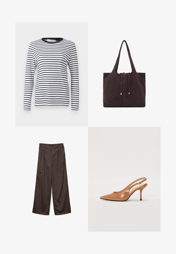 Cămașă cu mâneci lungi, cu dungi orizontale alb-negru, gât rotund, fabricată dintr-un material moale, având un design simplu, fără modele.; Pantaloni cu croi larg dintr-un material maro închis cu o textură netedă. Caracteristicile includ plii în față și un talie standard.; Pantofii cu toc slingback, cu vârful ascuțit, dintr-un material tan neted și strălucitor. Prezintă un design cu decupaj curbat și un toc subțire stil stiletto. Detaliu cu cataramă argintie.; Mango Geantă de pânză - dark brown