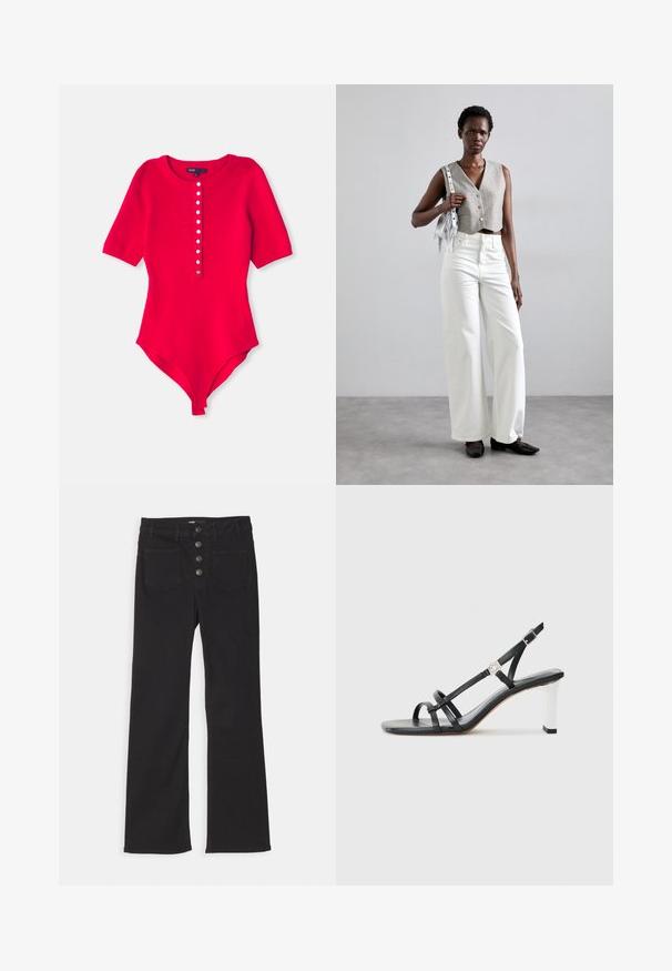 Červený rebrovaný body so zaobleným výstrihom, krátkymi rukávmi a radom šiestich bielych gombíkov na prednej strane. Mäkko a elasticky tkaný materiál.; Čierne riflové nohavice s rozšírenými nohavicami a vysokým pásom, s piatimi vreckami a predným zapínaním na tlačidlá so štyrmi kovovými gombíkmi.; Čierne sandále na vysokom opätku s viacerými úzkymi popruhmi, dizajnom so slingbackom a so strieborným akcentom na opätku. Hladký vrchný materiál a štvorcový opätok.; Sivý skrátený vest s gombíkmi, skombinovaný s bielymi širokými nohavicami a čiernymi plochými topánkami. Doplnkový malý strieborný strapcatý ruksak.