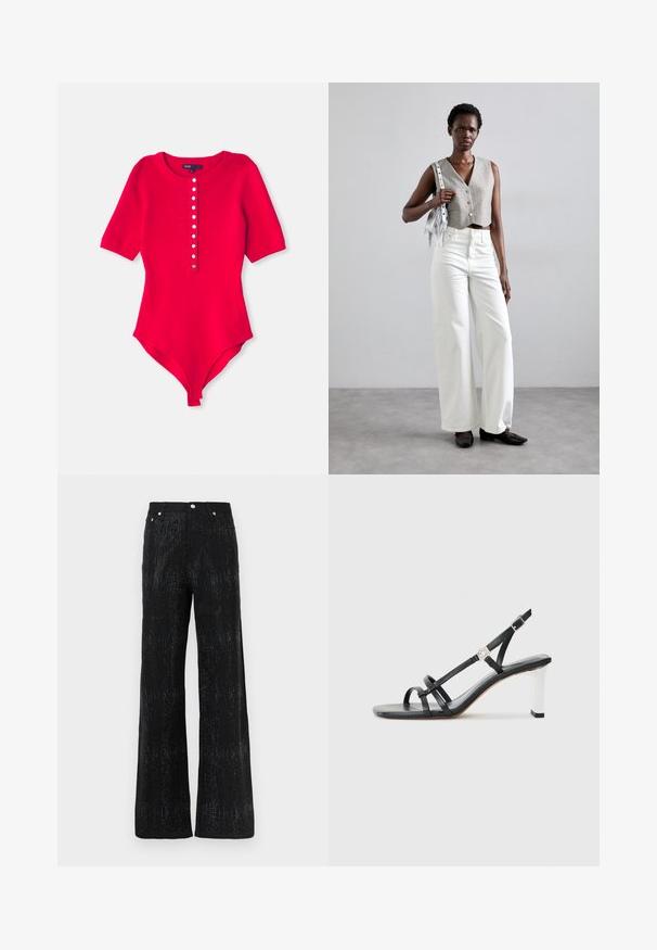 Rdeča rebrasta bodi s krožnim izrezom, kratkimi rokavi in vrstico šestih belih gumbov spredaj. Mehka, raztegljiva tkanina.; Črne široke hlače z teksturirano površino, ki imajo sijoč vzorec. Končane so s standardnim pasom in kovinskimi gumbi.; Črne sandale s peto z več ozkimi trakovi, dizajn slingback in srebrnim poudarkom na peti. Gladek zgornji material in kvadratna peta.; Siv prirezani telovnik z gumbi, v kombinaciji z belimi širokimi kavbojkami in črnimi ravnimi čevlji. Opremljen z majhno srebrno torbico z resicami.