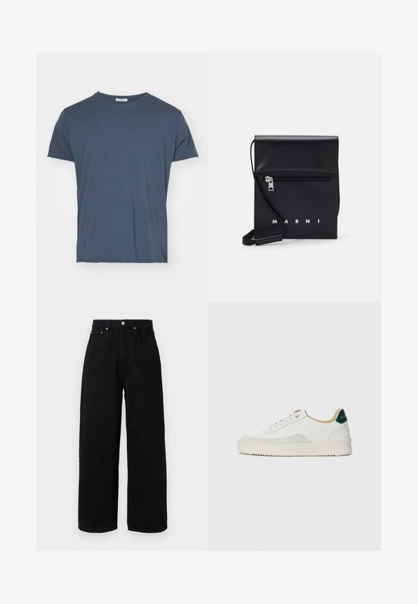 Filippa K ROLL NECK TEE - Jednoduché tričko - dawn blue; Černé široké kalhoty z bavlny, se zvýšeným pasem, předními kapsami, stříbrným knoflíkem a čistým lemem.; Bílé tenisky se semišovými prvky, kulatou špičkou, plochými tkaničkami a krémovou gumovou podrážkou. Na patě mají zelené logo.; Černá kožená kabelka přes rameno s přední zipovou kapsou, embosovaným logem a nastavitelným popruhem. Hladký povrch s pevnou strukturou.