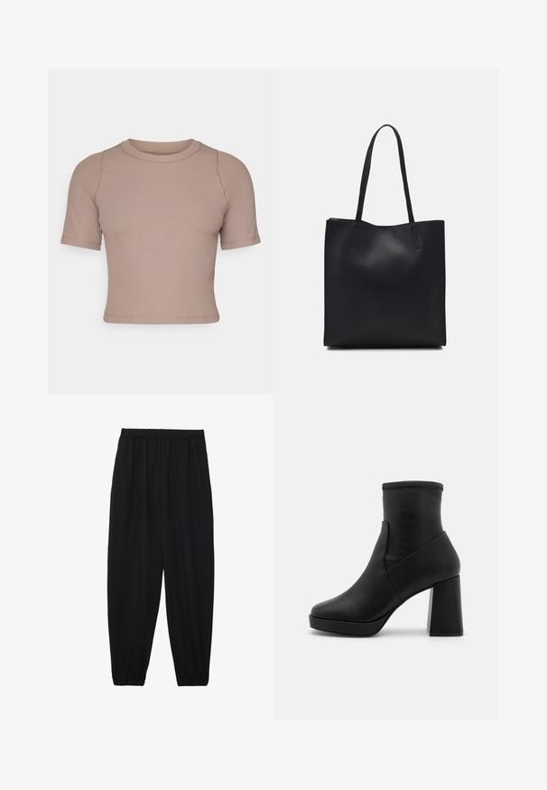 Rövid ujjas bordázott felső világosbarna színben, kerek nyakkivágással és testhez simuló fazonnal, lapos varrásokkal a sima végkimenet érdekében.; Fekete, könnyű nadrág elasztikus derékkal és ráncolt bokákkal. Az anyag sima és laza, szűkített dizájnnal rendelkezik.; Fekete bőr bokacsizma magas tömbsarkal, sima textúrával és jól illeszkedő felsőrészsel. Zökkenőmentes kialakítással rendelkezik, amelyen nincsenek látható zárszerkezetek.; Fekete bőrtáska sima felszínnel, téglalap alakú, két hosszú füllel. Nincs látható fémkiegészítő vagy díszítés.