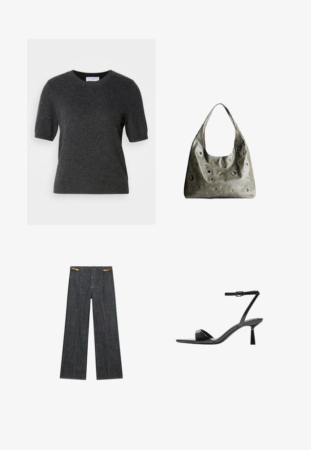 Dunkelgrauer Kurzarmpullover aus weichem, strukturiertem Strick. Mit Rundhalsausschnitt und einer leicht lockeren Passform. Einfaches, klares Design.; Helle Jeans mit weitem Bein und hoher Taille. Mit sichtbaren Nähten, einem Knopfverschluss und einem einzigartigen Kettenakzent an der Taille.; Bershka High Heel Sandalette - black; Olivgrünes Lederhandtäschchen mit einem lässigen Design, das verschiedene runde Ausschnitte in unterschiedlichen Größen und Akzente in dunkleren und helleren Farbtönen aufweist.