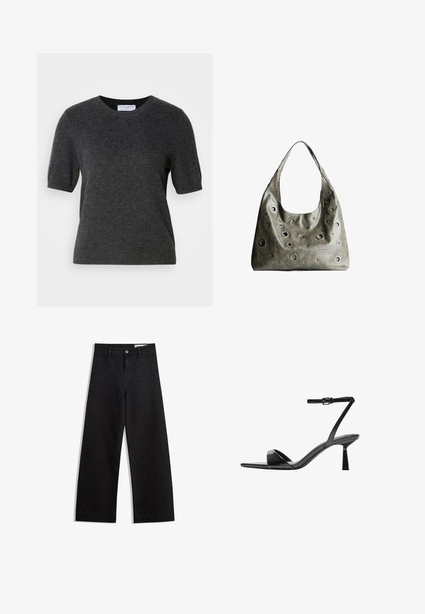 Ciemnoszary sweter z krótkim rękawem, wykonany z miękkiej, teksturowanej dzianiny. Posiada okrągły dekolt i lekko luźny krój. Prosty, czysty design.; Czarne dżinsowe spodnie o szerokich nogawkach i wysokim stanie, z przednimi i tylnymi kieszeniami, przeszyciami oraz zapięciem na guziki. Gładka struktura.; Bershka - Sandały na obcasie; Oliwkowa skórzana torebka o luźnym fasonie, z różnej wielkości okrągłymi wycięciami i akcentami w ciemniejszych i jaśniejszych odcieniach.