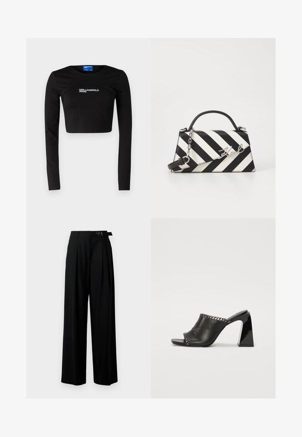 Karl Lagerfeld Jeans LAYERED TEE - Long sleeved top - black; Black wide-leg trousers with a high waist, pleats at the front, and a belt featuring a buckle. Made from smooth, lightweight fabric.; Black leather mules with a wide opening, featuring a stitched trim and a block heel. Smooth texture and minimalist design.; Black and white striped handbag with a structured shape, featuring a top handle, a detachable chain strap, and metallic logo accent.