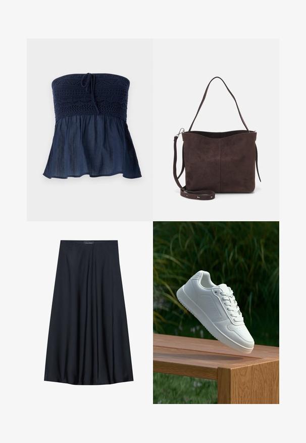 Navy blue strapless top with a textured crochet bodice and a flowing, sheer fabric bottom. Features a tie detail at the center.; Black, knee-length skirt made of lightweight fabric with a flowy design. Features a smooth texture and subtle pleats for added detail.; White sneaker with a smooth synthetic upper, perforated toe box, flat laces, and a textured sole, displayed on a wooden surface.; Brown suede tote bag with a soft texture, featuring a single shoulder strap and a subtle curved top opening. No visible hardware details.