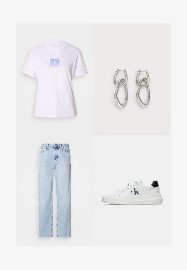 Bílý bavlněný tričko s krátkým rukávem a kulatým výstřihem, na přední straně s potiskem ve tvaru čtverce v pastelově modré a levandulové barvě, ve středu jsou písmena "cK".; Světle modré široké džíny z denimu, s vysokým pasem, výrazně vybledlým odstínem a decentním vzorem tie-dye na přední straně.; Bílé nízké tenisky s černým patním tabem, platformovou podrážkou, tkaničkami a logem Calvin Klein "CK" na boku.; Calvin Klein STATEMENT LINKS - Náušnice - silver-coloured