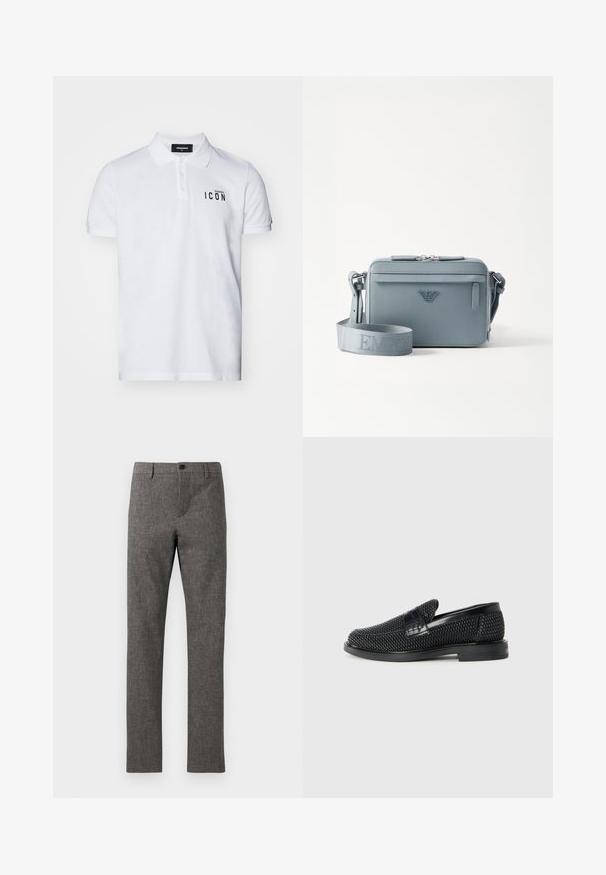 DSQUARED2 ICON Poloskjorter - white; Grå dressbukser i et teksturert, vevd stoff. Skreddersydd passform med flat front, glidelås og enkel knappelukking. Ingen ekstra lommer synlige.; Sorte vevde slip-on sko med en glatt lærdetalj på overdelen, design med rund tå og en lavprofil gummisåle.; Blå strukturert crossover-veske laget av teksturert materiale, med glidelås, frontlomme og justerbar stropp med "EMPOR"-merke.