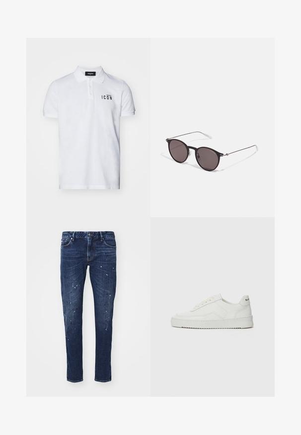 DSQUARED2 ICON Polo - white; Jeans in denim blu scuro con vestibilità slim, caratterizzati da schizzi di vernice, cuciture visibili e design classico a cinque tasche. Taglio dritto.; Sneaker in pelle bianca con una finitura liscia, punta rotonda, lacci piatti e suola testurizzata. Presenta un logo discreto sul tallone.; Occhiali da sole neri rotondi con lenti scure e sottili bracci in metallo. Include punte trasparenti e accenti argentati alla cerniera. Design minimalista.