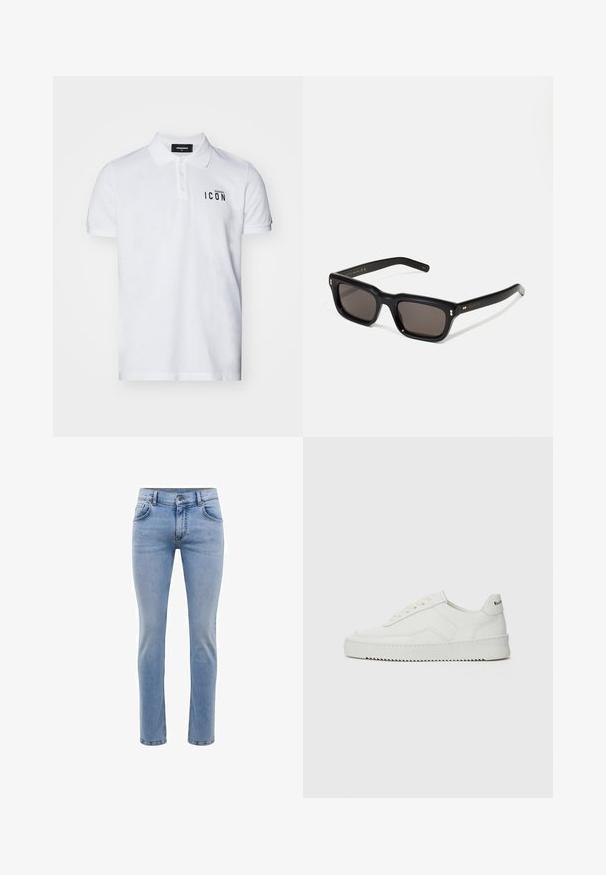 DSQUARED2 ICON Polotričko - white; Svetle modré džíny z denimu s úzkým střihem, pět kapsami a rovnými nohavicemi. Obsahují zip a poutka na opasek. Měkká textura.; Bílé kožené tenisky s hladkým povrchem, kulatou špičkou, plochými tkaničkami a texturovanou podrážkou. Na patě se nachází nenápadné logo.; Černé obdélníkové sluneční brýle s tmavými skly, silným plastovým rámem, zlatými akcenty na spáncích a vyrytým logem značky na nožičce.