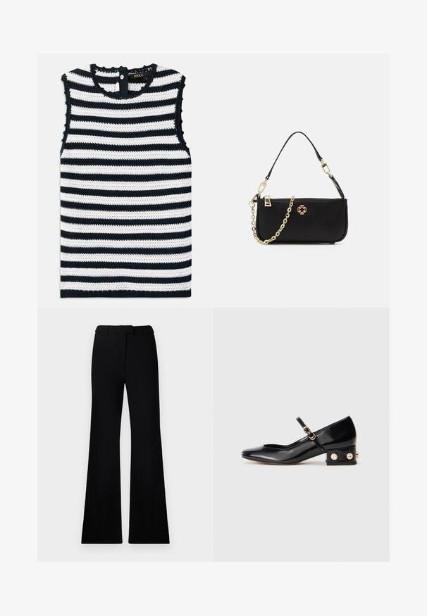 Top fără mâneci, cu dungi bleumarin și alb, realizat din material tricotat texturat, având un închidere cu buton la spate și margini crenelate.; Pantaloni negri evazați, cu o textură netedă, talie ajustată și buzunare frontale, proiectați cu o siluetă modernă, elegantă.; Pantofii Mary Jane din piele lacuită neagră, cu vârf pătrat, curea pentru gleznă și toc mic bloc, împodobiți cu două pietre strălucitoare aurii.; Geantă de mână neagră cu o textură netedă, având o curea din lanț auriu, închidere cu fermoar și un emblema decorativă aurie pe față.