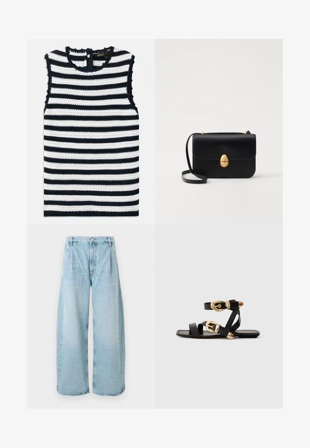 Beigio suknelė be rankovių, tamsiai mėlyna ir balta juostelė, pagaminta iš tekstūrinio mezgimo audinio, su mygtuko uždarymu nugaroje ir banguotais kraštais.; Šviesiai mėlynos plačios džinsinės kelnės su klostėmis priekyje, mygtuko uždarymu ir tiesiomis apdailomis, kurios pasižymi išblukusia tekstūra visame paviršiuje.; Juodos odinės šlepetės su auksiniais sagtelėmis, turinčios daugybę dirželių ir plokščią padą, skirtos atviriems pirštams.; Juodas odinis rankinukas su struktūrine stačiakampio forma. Yra auksinė ovali sagtis ir plona petneša. Glotni tekstūra.