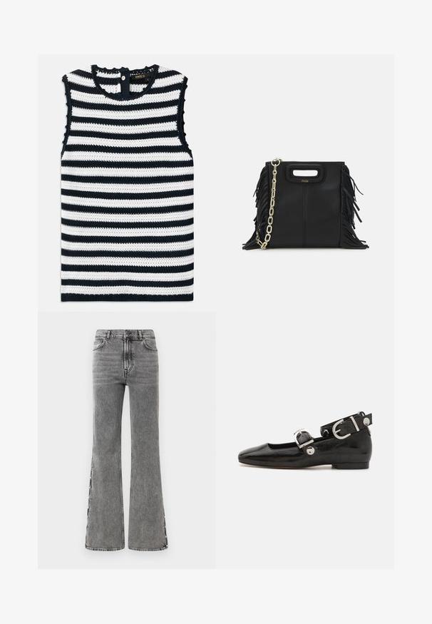 Ujjatlan felső tengerészkék és fehér csíkokkal, texturált kötött anyagból készült, hátul gombos záródással és fodros szélekkel.; Fekete, bővülő fazonú farmernadrág magas derekú szabással. Látható varrásokkal és oldalsó hasítékokkal rendelkezik, amelyek textúrált megjelenést biztosítanak.; Fekete lakkbőr lapos cipő négyzet alakú orral, ezüst hardware-rel ellátott bokapánttal és lapos talppal. Simaságával és minimalista dizájnjával kiemelkedő.; Fekete bőr kézitáska, frufrus részletekkel, arany láncos vállpánttal és kivágott fogantyúval. Az elülső részen logó található.