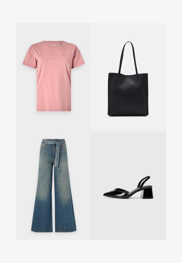 Pink cotton t-shirt with a crew neck and short sleeves. Features embossed text "PEPE JEANS LONDON WEST ELEVEN" on the front.; Wide-leg denim trousers featuring a light to dark blue gradient, high waist, belt loops, and a matching fabric belt. Textured denim finish.; Black patent leather slingback heels with a pointed toe and a geometric block heel. Features a sleek, minimal design and smooth texture.; Black leather tote bag with smooth texture, rectangular shape, and two long handles. No visible hardware or embellishments.
