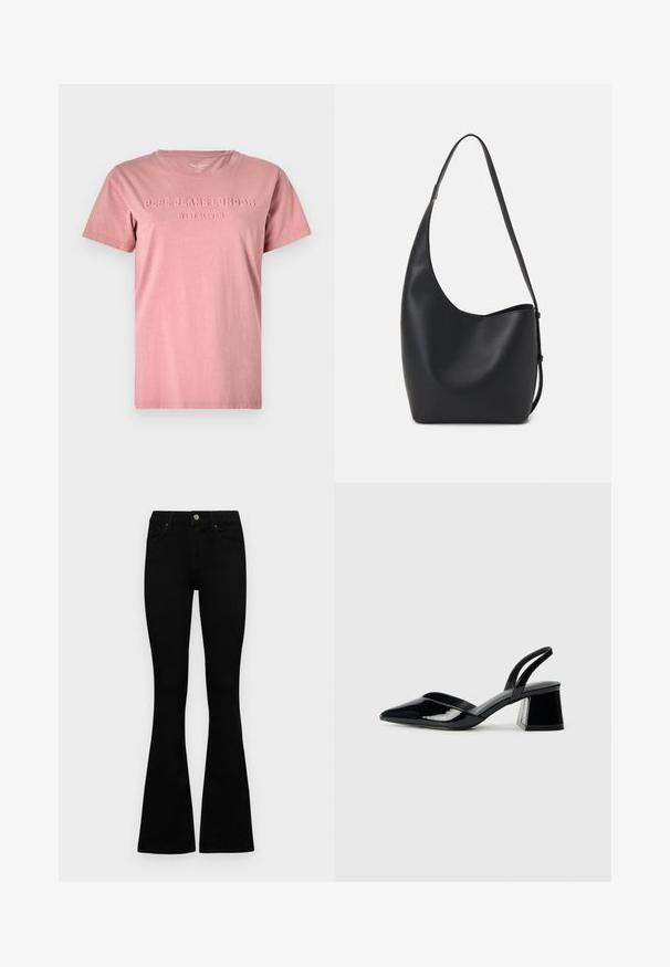 Rosa bomulls t-shirt med rund hals och korta ärmar. Har präglad texten "PEPE JEANS LONDON WEST ELEVEN" på framsidan.; Svarta högmidjade jeans med knäppning och dragkedja, frontfickor och utsvängda ben, liggande platt på en vit bakgrund.; Svarta lackläder slingback klackar med spetsig tå och geometrisk klack. Har en elegant, minimalistisk design och slät yta.; Svart läder hobo-väska med en slät textur, kurvig form och en justerbar axelrem; har en bred öppning upptill.