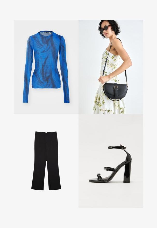 Langärmliges Oberteil in Blau mit wirbelnden schwarzen Mustern, aus leichtem, halbtransparentem Material gefertigt. Rundhalsausschnitt, figurnahes Design.; Schwarze Hose mit geradem Schnitt, ausgestattet mit Fronttaschen und Seitenschlitzen am Saum. Hergestellt aus weichem, glattem Stoff. Geeignet für verschiedene Anlässe.; Schwarze patentierte Sandalen mit Absatz, quadratischer Spitze, Knöchelriemen und silbernen Schnallen. Mit einem stabilen Blockabsatz für mehr Stabilität.; Schwarze Lederhandtasche mit geschwungener Form, abnehmbarem Tragegurt und goldenen Beschlägen. Die Tasche verfügt über einen Deckel mit einer Schnallen-Details.