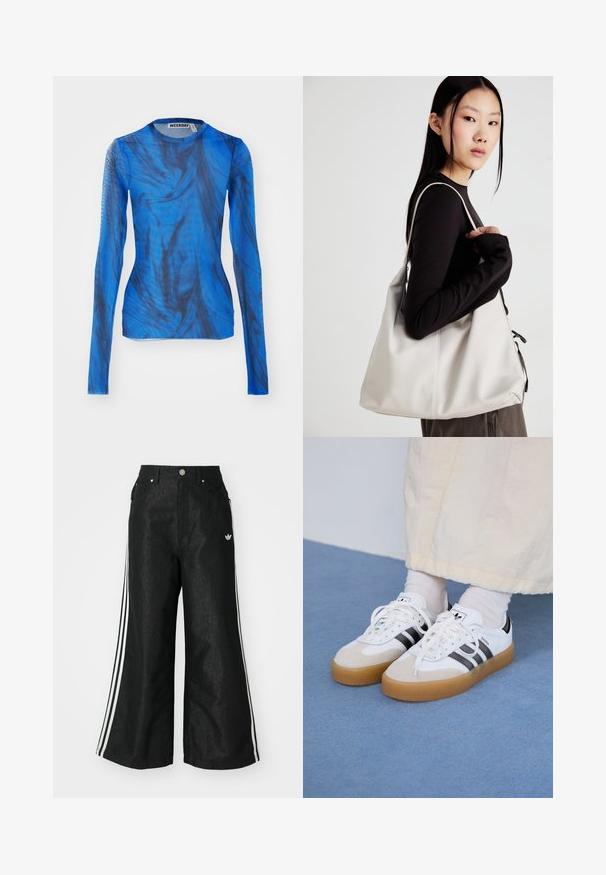 Zila ilgām piedurknēm topi ar apvīta melnu rakstu, izgatavots no viegla, puscaurredzama materiāla. Klasiska apaļa kakla izgriezuma, pieguloša piegriezuma.; Melni platās kājas džinsi ar trim baltām svītrām katrā pusē un mazu baltu logotipu. Iezīmē priekšējos kabatas un pogu aizdari.; Baltas sporta apavi ar melnām svītrām un beisīgo zamšādu akcentiem. Ievies struktūrētu gumijas zoli un izkārtotas baltas šnerves, valkāti ar gaišiem zeķēm.; Bežs rokassoma, izgatavota no mīksta materiāla, ar brīvu dizainu, izšūtu apdari un divām plecu siksnām. Piemērota ikdienas lietošanai.