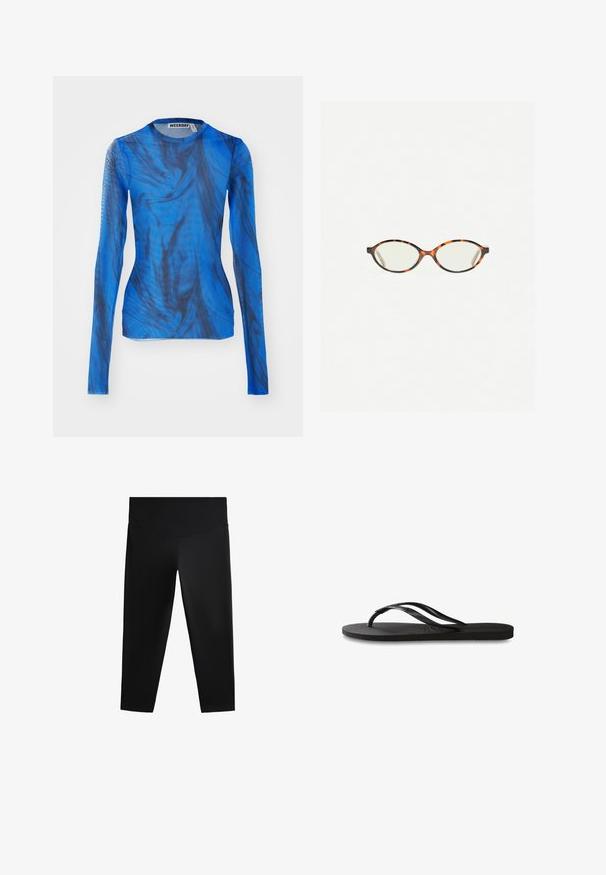 Maglietta a maniche lunghe blu con motivi neri a spirale, realizzata in un materiale leggero e semitrasparente. Collo a giro, design aderente.; Leggings sportivi neri con vita alta, tessuto morbido e silhouette aderente, progettati per facilitare il movimento e il comfort.; Infradito neri con suola in gomma testurizzata, due cinghie sottili e un sottile dettaglio del logo impresso sulla cinghia.; Occhiali in tartaruga con lenti ovali e una finitura liscia e elegante. Presentano aste sottili con una leggera curva alle tempie. Lenti trasparenti.