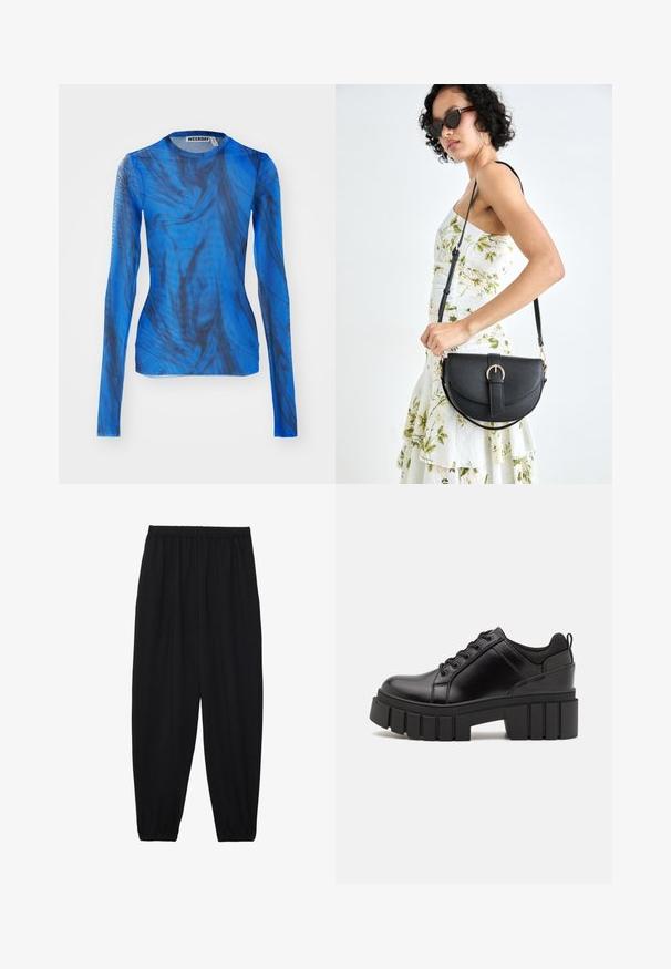 Long-sleeve top in blue with swirling black patterns, made from a lightweight, semi-transparent material. Crew neckline, fitted design.; Black, lightweight pants with an elastic waistband and gathered ankles. The fabric is smooth and features a relaxed, tapered design.; Black leather platform shoes with a chunky block heel, round toe, and traditional lace-up design. Features smooth texture and minimal detailing.; Black leather handbag with a curved shape, detachable strap, and gold hardware. The bag features a flap with a buckle detail.