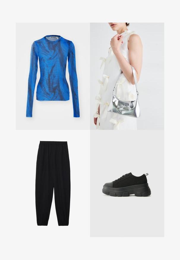 Zila ilgām piedurknēm topi ar apvīta melnu rakstu, izgatavots no viegla, puscaurredzama materiāla. Klasiska apaļa kakla izgriezuma, pieguloša piegriezuma.; Melnas, vieglas bikses ar elastīgu jostu un savilktiem potītiem. Audums ir gluds un to raksturo brīva, sašaurināta forma.; Melnas kedas ar masīvu gumijas zoli, teksturētu auduma augšdaļu, apaļu purngalu un saistīšanas dizainu. Iekļautas pastiprinātas acs atveres un aizmugurējais cilpiņas siksniņa.; Sudraba metāla rokassoma ar struktūru formu, aprīkota ar augšējo rokturi un priekšpusē esošu loku. Gluda tekstūra, atstarojoša virsma.