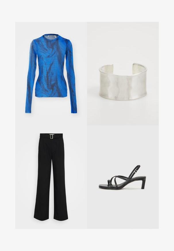Dlouhý rukáv, modrý top s vířícími černými vzory, vyrobený z lehkého, poloprůhledného materiálu. Kulatý výstřih, přiléhavý střih.; Černé kalhoty s širokými nohavicemi vyrobené z lehkého materiálu, s hladkým povrchem, předními záhyby a pásem se čtvercovou kovovou sponou.; Černé sandály na tenkém podpatku se čtveratou špičkou a nízkým blokovým podpatkem. Mají několik tenkých popruhů a nastavitelné zapínání okolo kotníku. Vyrobeny z hladké kůže.; Zign Náramek - silver-coloured